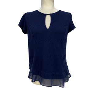 Anthropologie Deletta Blue Keyhole Blouse Texture Sheer Overlay Size XS